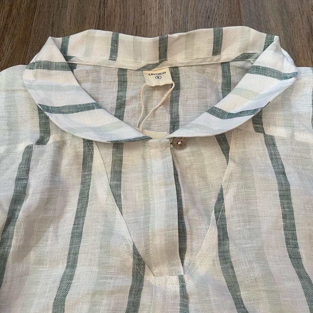 NWT White/ Mint Stripe Lintico Linen ¾-Sleeve Button-Down Shirt - Picture 2 of 6